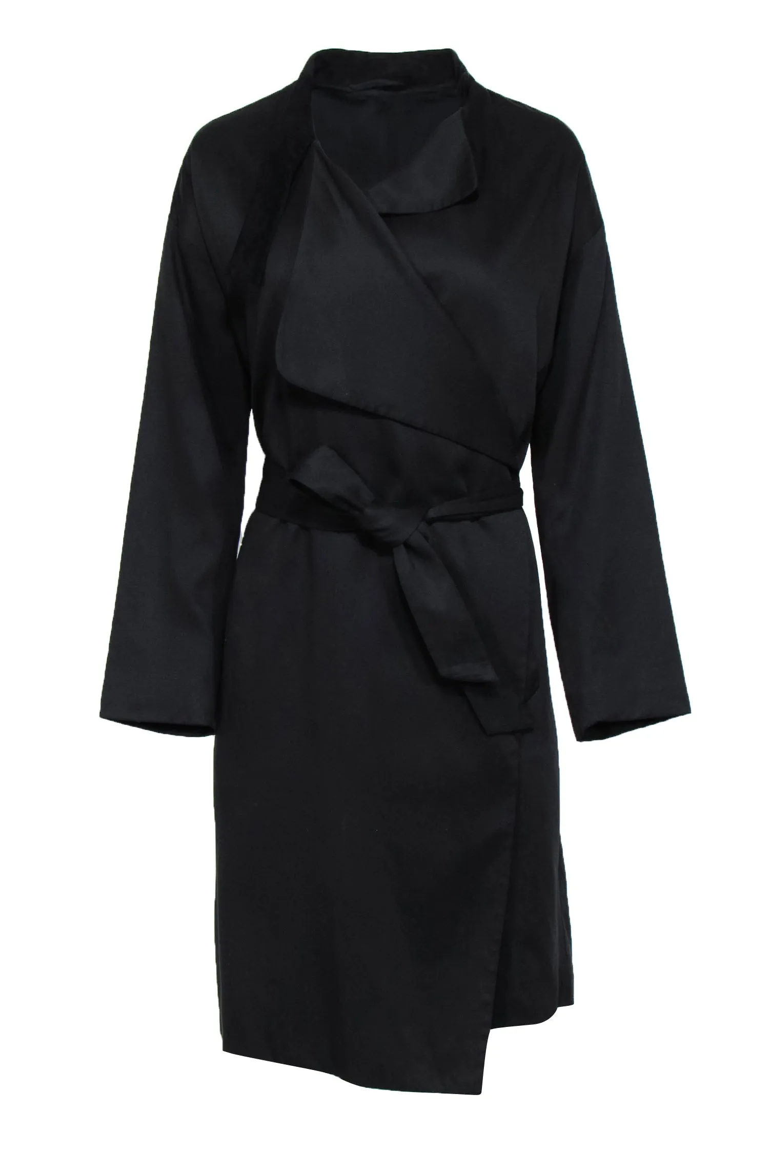 All Saints - Black Open Front Belted Trench Coat w/ Suede Collar Sz 6