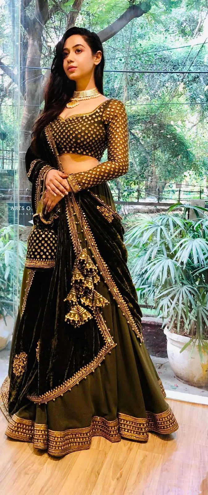 Ameera Olive Green And Black Velvet Lehenga Set