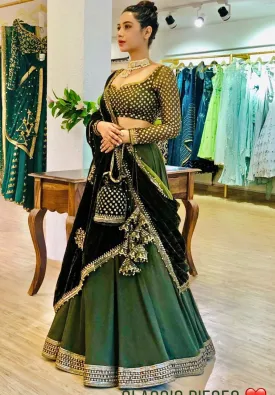 Ameera Olive Green And Black Velvet Lehenga Set