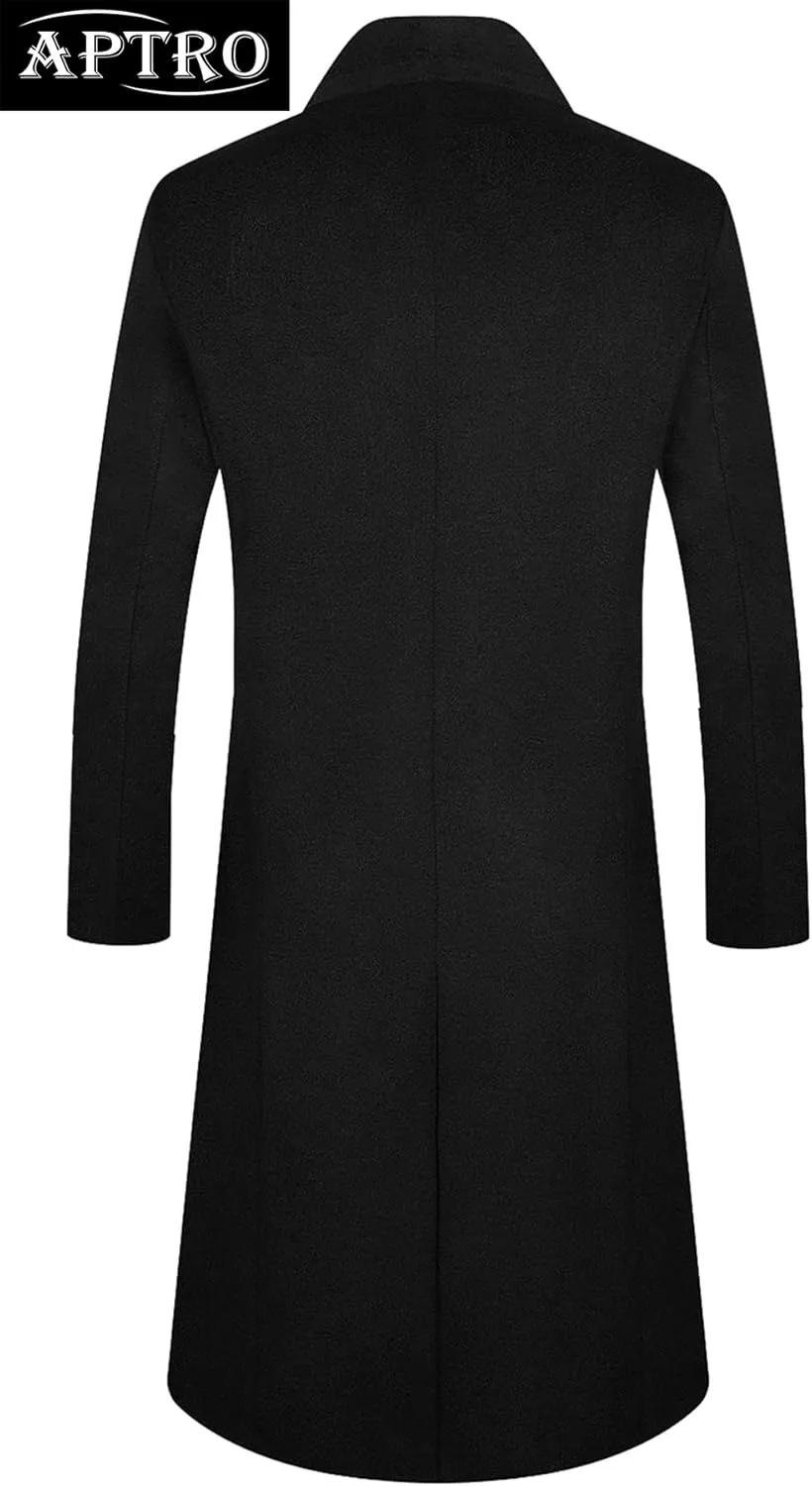 APTRO Men's Luxury Full Length Trench Coat Long Wool Overcoat Winter Windbreaker