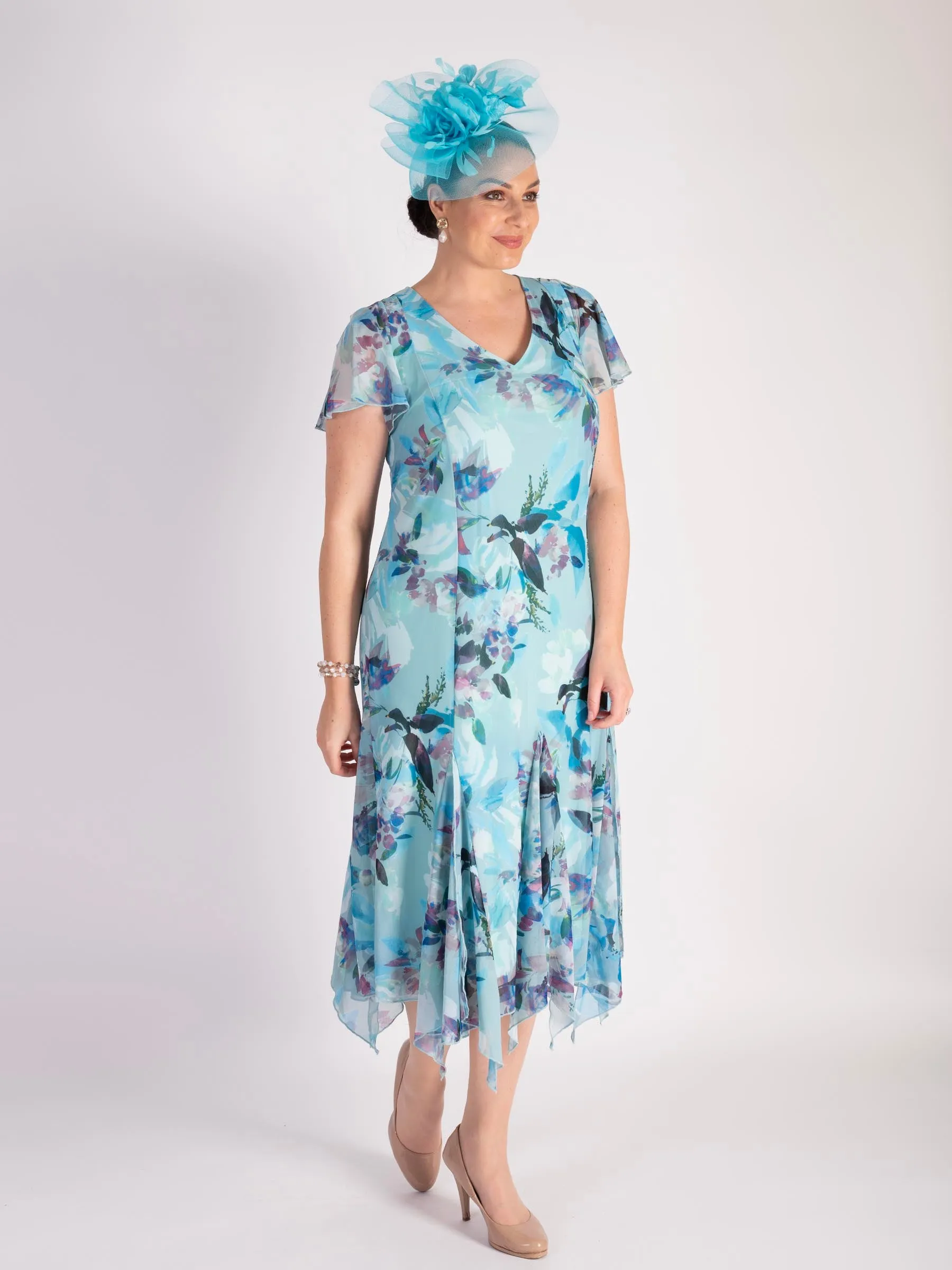 Aqua Hummingbird Angel Sleeve Mesh Dress With Lining