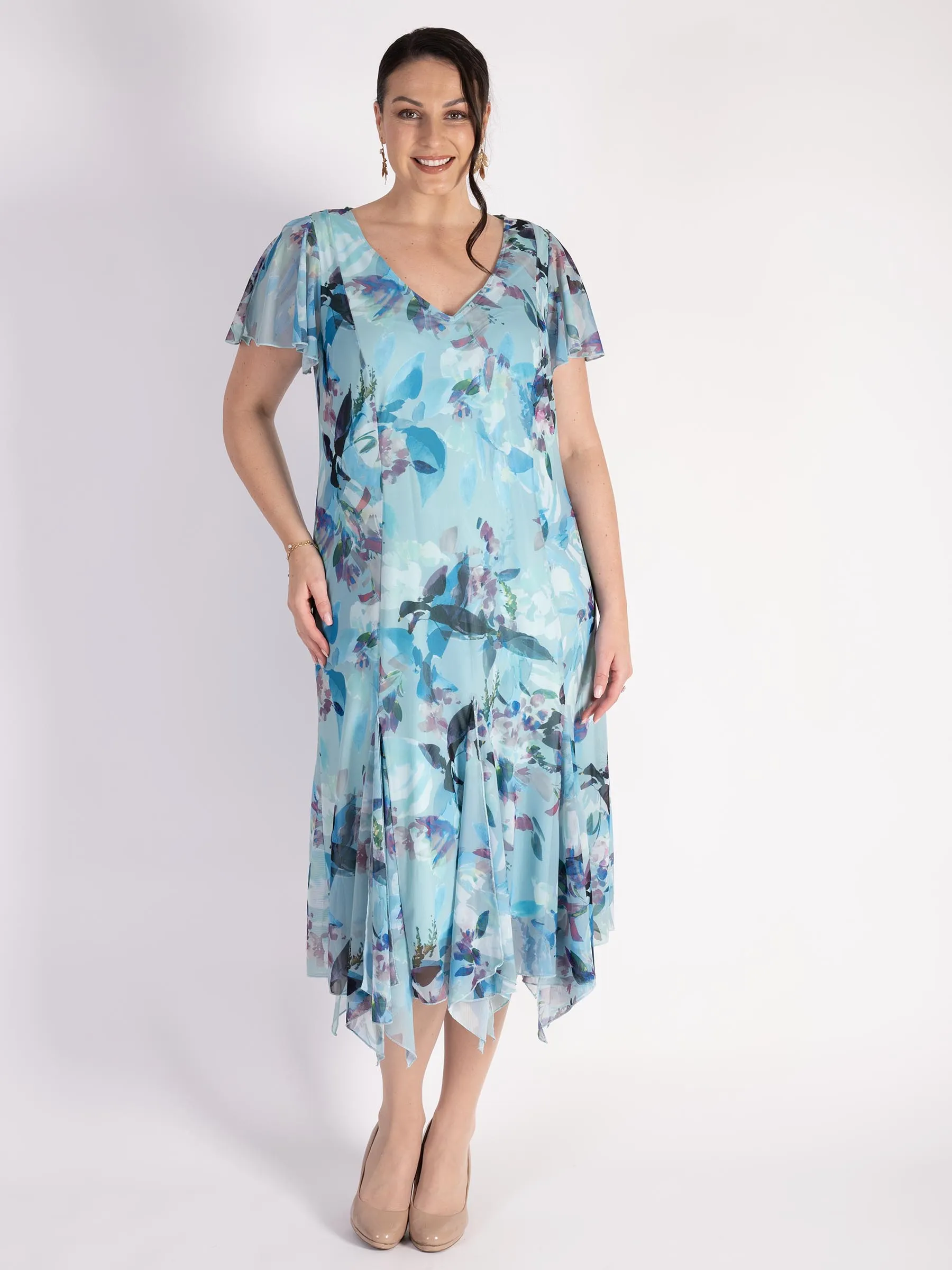 Aqua Hummingbird Angel Sleeve Mesh Dress With Lining