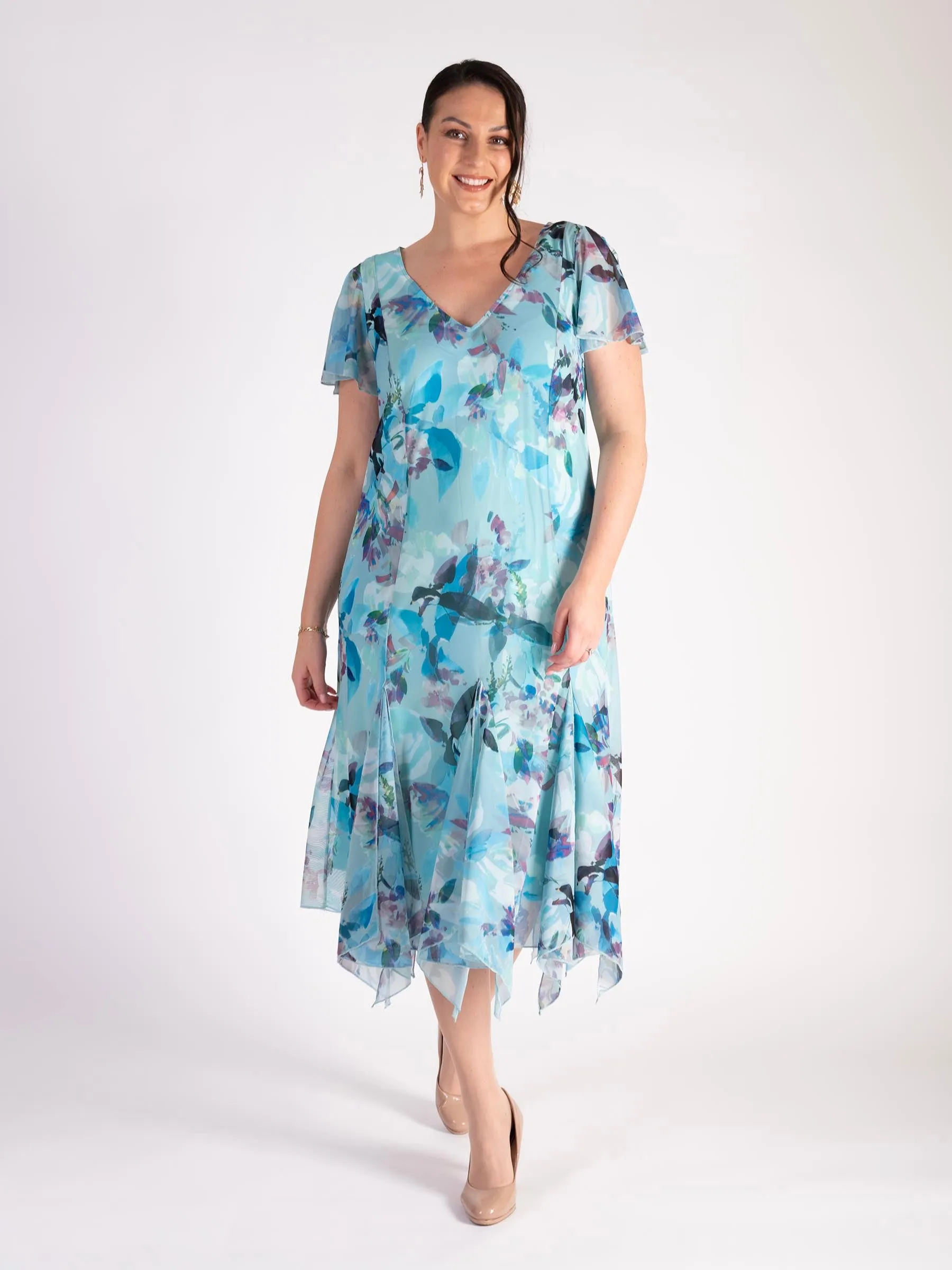 Aqua Hummingbird Angel Sleeve Mesh Dress With Lining