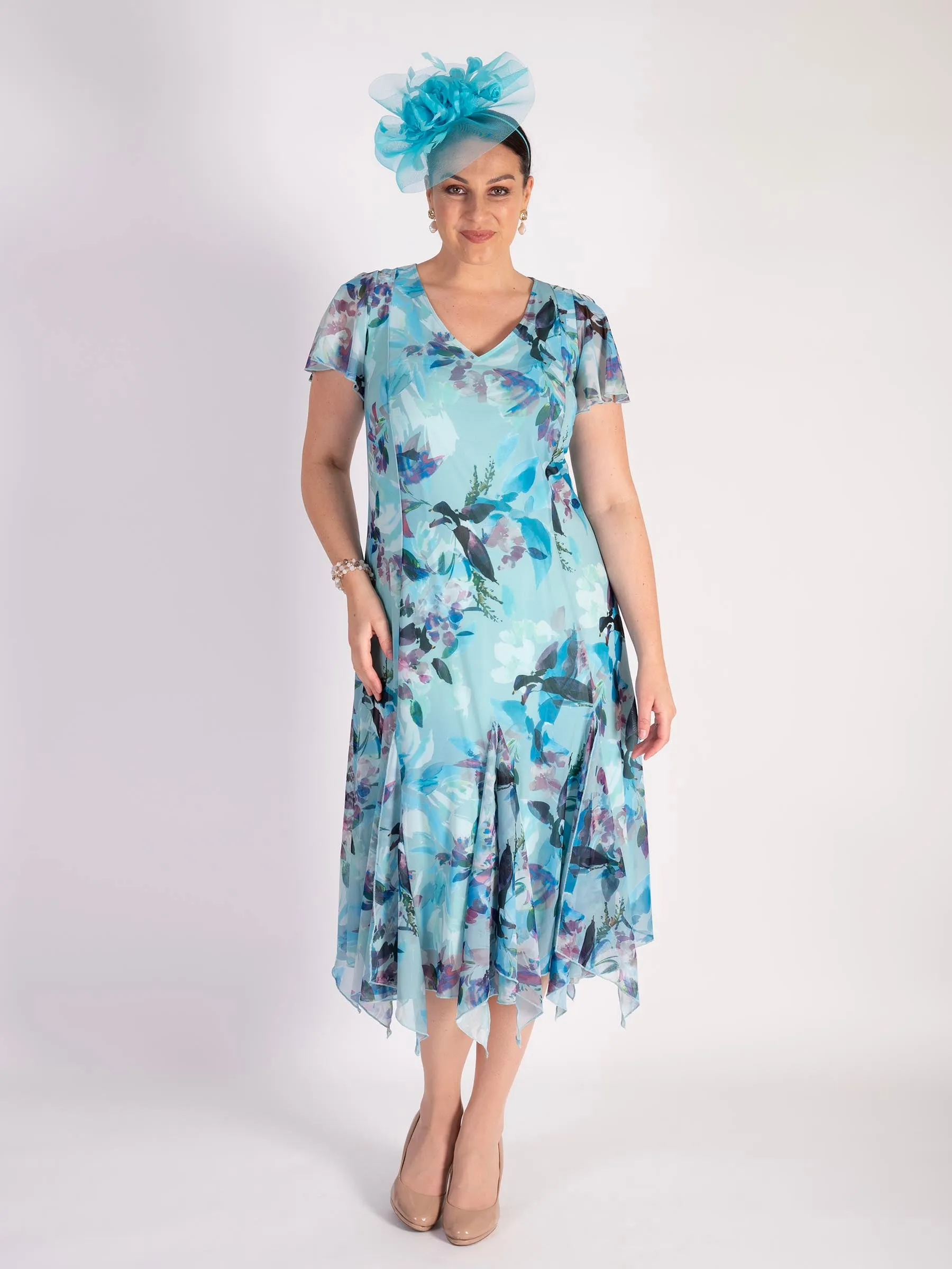 Aqua Hummingbird Angel Sleeve Mesh Dress With Lining
