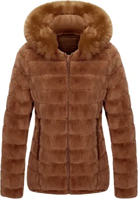 Bellivera Women Double Sided Faux Fur Jacket Spring and Winter Fashion Reversible Hood Puffer Coat with Fur Collar