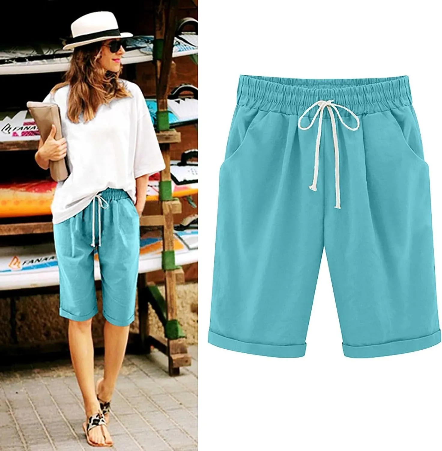 Bermuda Shorts for Women Knee Length Cotton Linen Elastic Waist Drawstring Shorts Summer Capris Pants with Pockets