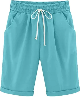 Bermuda Shorts for Women Knee Length Cotton Linen Elastic Waist Drawstring Shorts Summer Capris Pants with Pockets