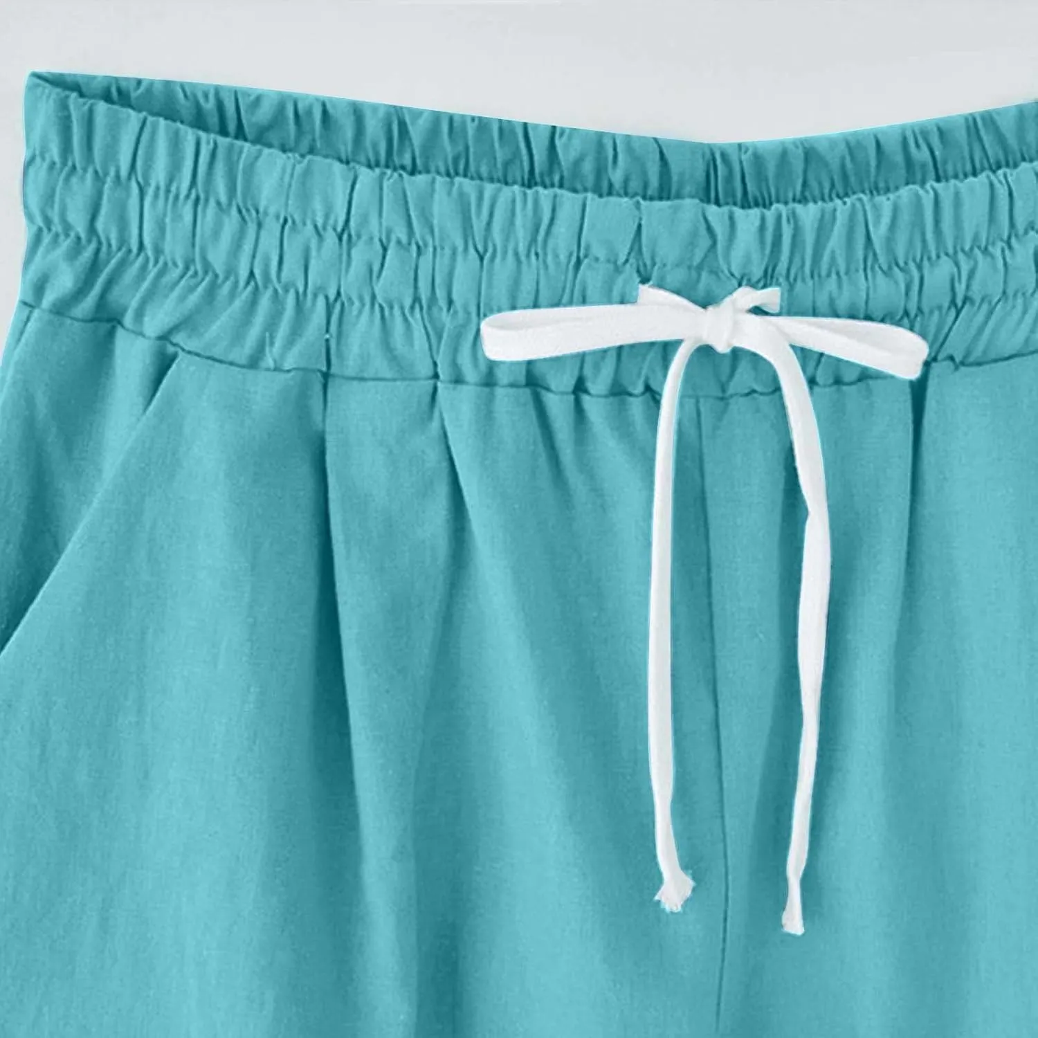 Bermuda Shorts for Women Knee Length Cotton Linen Elastic Waist Drawstring Shorts Summer Capris Pants with Pockets