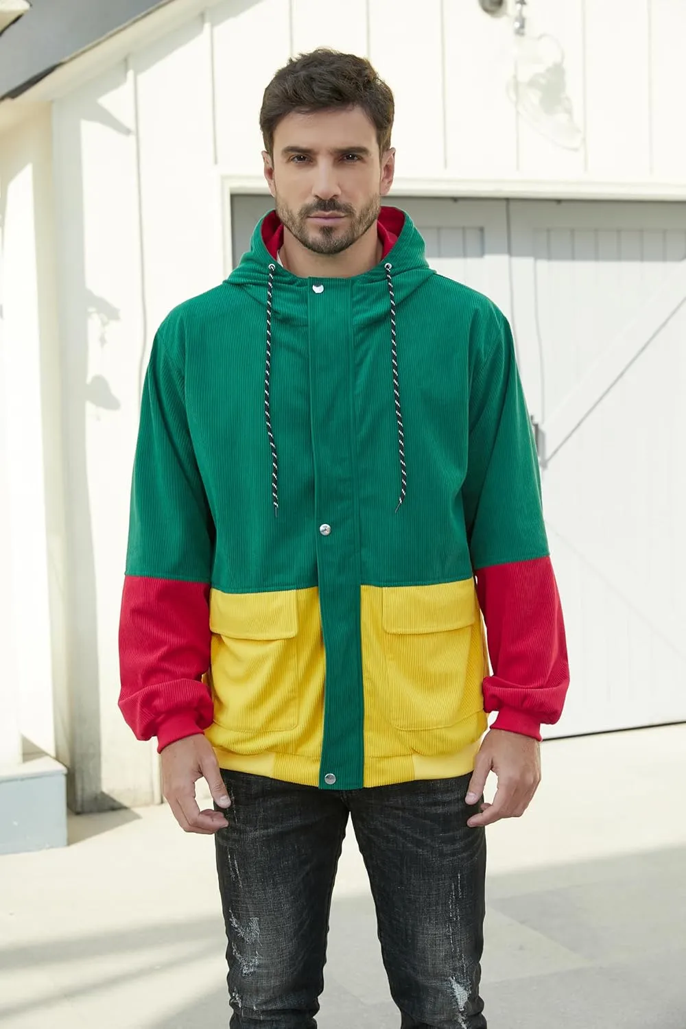 Betusline Men's Retro Long Sleeve Color Block Corduroy Jacket with Hood, XS-3XL