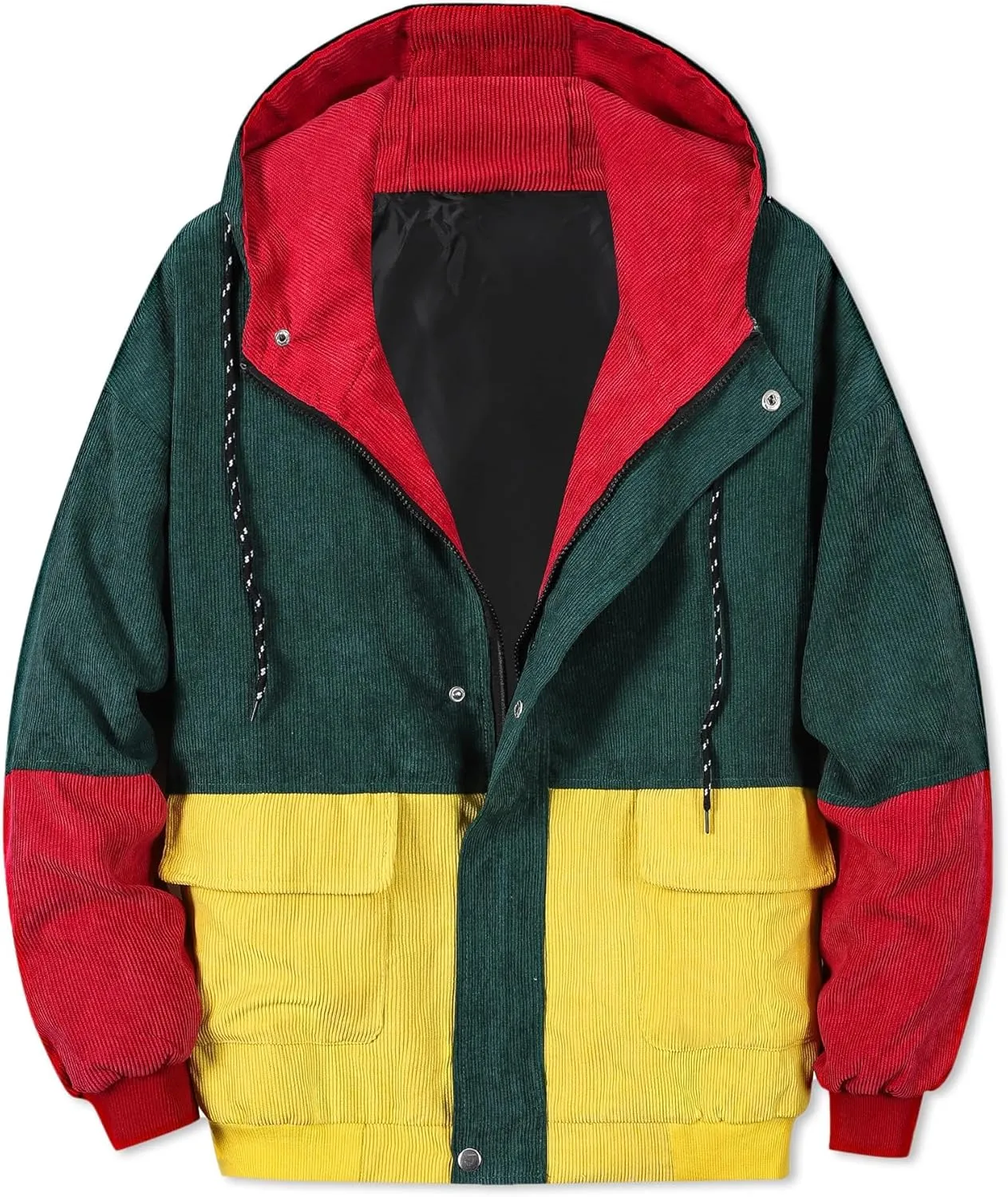 Betusline Men's Retro Long Sleeve Color Block Corduroy Jacket with Hood, XS-3XL