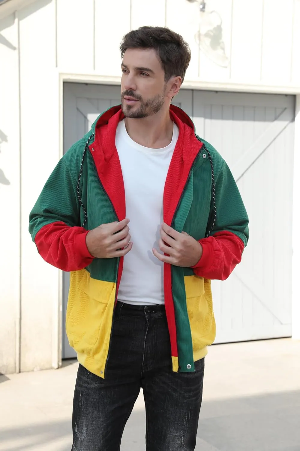 Betusline Men's Retro Long Sleeve Color Block Corduroy Jacket with Hood, XS-3XL