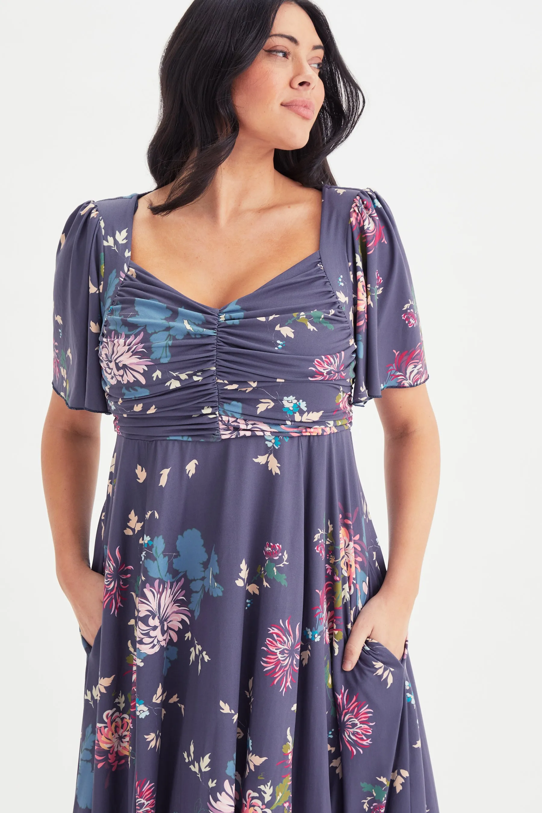 Blue Multi Ruched Bodice Long Midi Dress