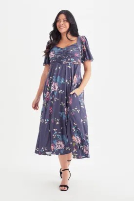 Blue Multi Ruched Bodice Long Midi Dress