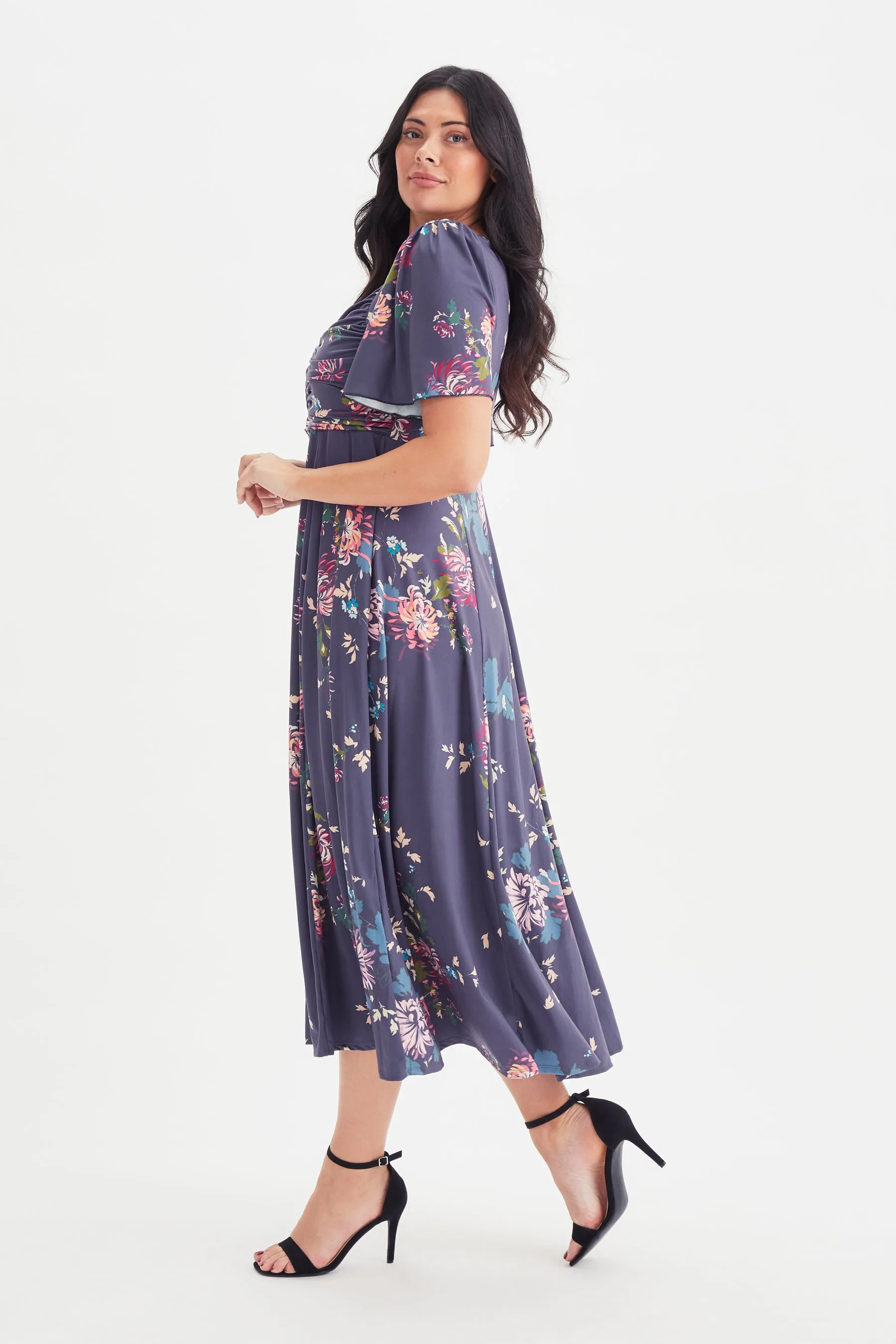 Blue Multi Ruched Bodice Long Midi Dress