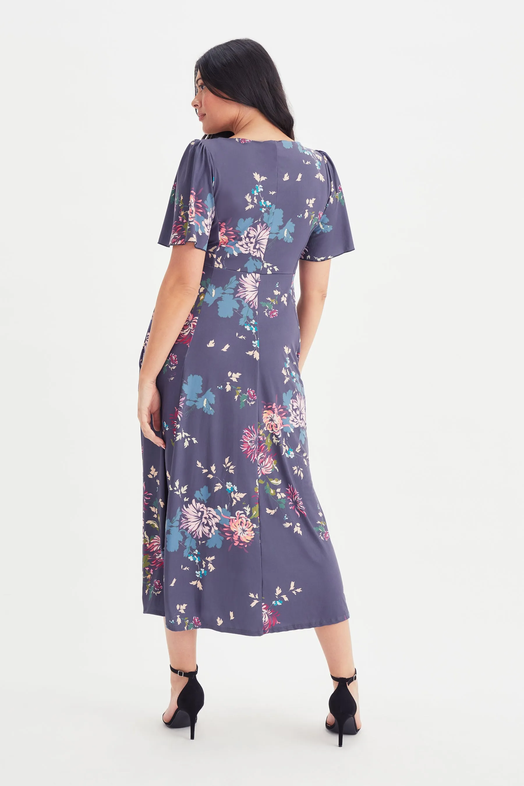 Blue Multi Ruched Bodice Long Midi Dress
