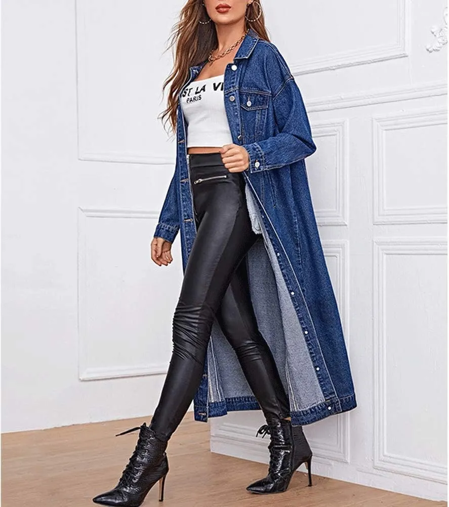 chouyatou Women's Fashion Spring Button Down Midi Long Denim Jean Jacket Trench Coat