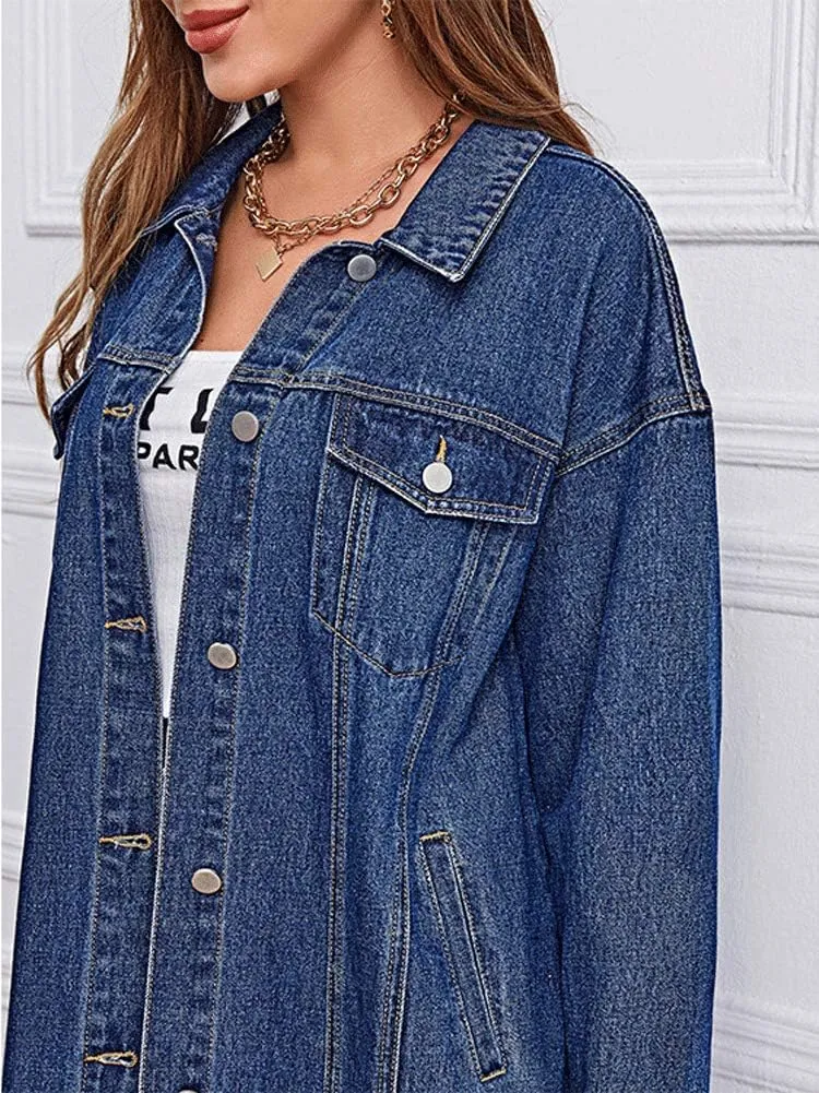 chouyatou Women's Fashion Spring Button Down Midi Long Denim Jean Jacket Trench Coat