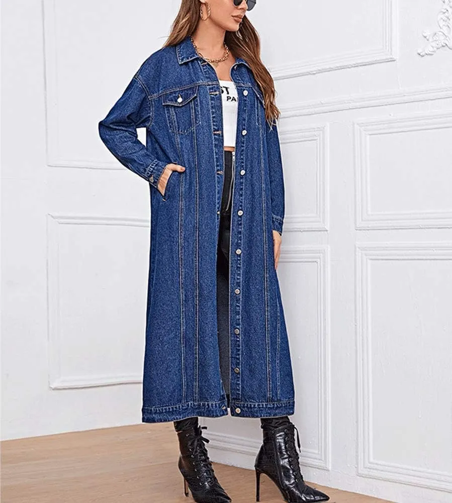 chouyatou Women's Fashion Spring Button Down Midi Long Denim Jean Jacket Trench Coat