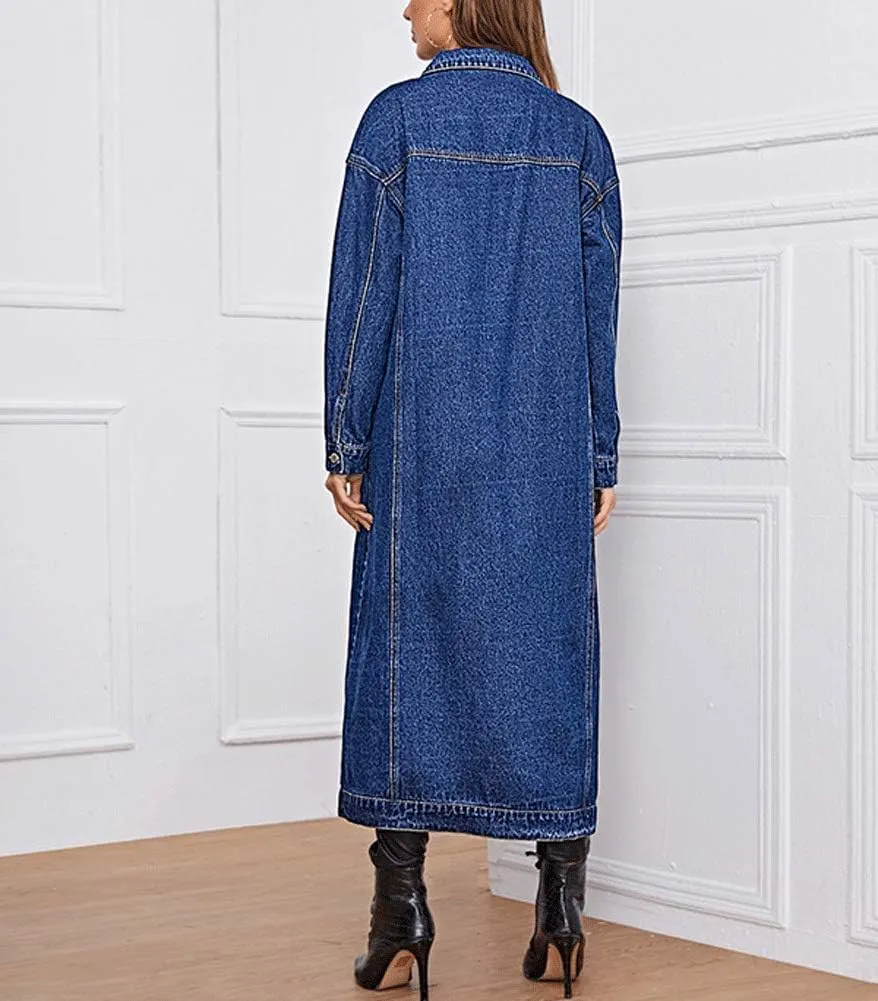 chouyatou Women's Fashion Spring Button Down Midi Long Denim Jean Jacket Trench Coat