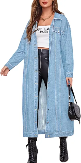 chouyatou Women's Fashion Spring Button Down Midi Long Denim Jean Jacket Trench Coat