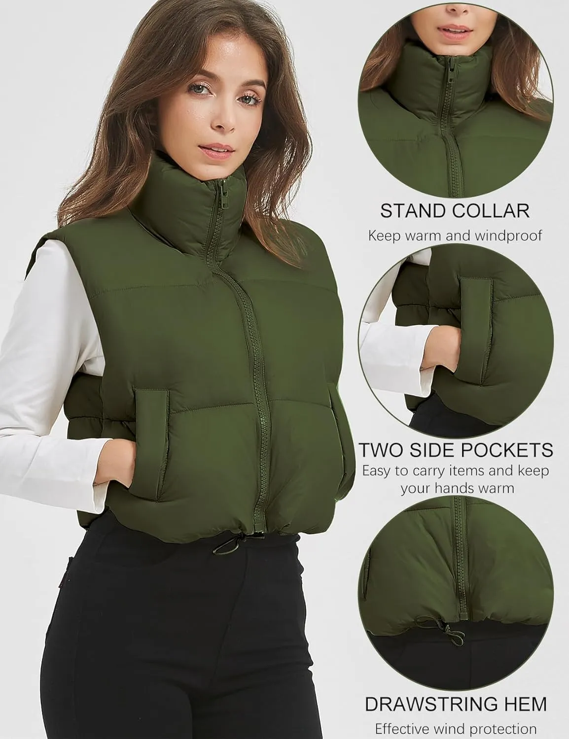 COZYPOIN Cropped Puffer Vest Womens Stand Collar Sleeveless Lightweight Padded Jacket Winter Warm Down Vests Jacket
