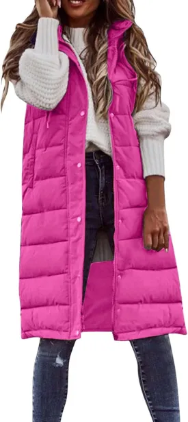 DDAPJ pyju Women's Long Puffer Vest Jacket Sleeveless Hoodies Zipper Side Quilted Coats Lightweight Padded Winter Down Coat