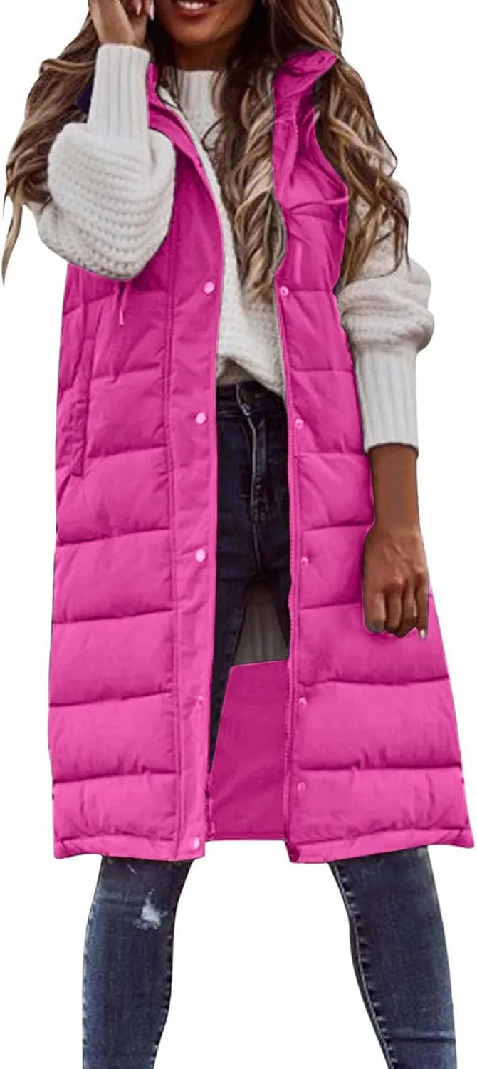 DDAPJ pyju Women's Long Puffer Vest Jacket Sleeveless Hoodies Zipper Side Quilted Coats Lightweight Padded Winter Down Coat