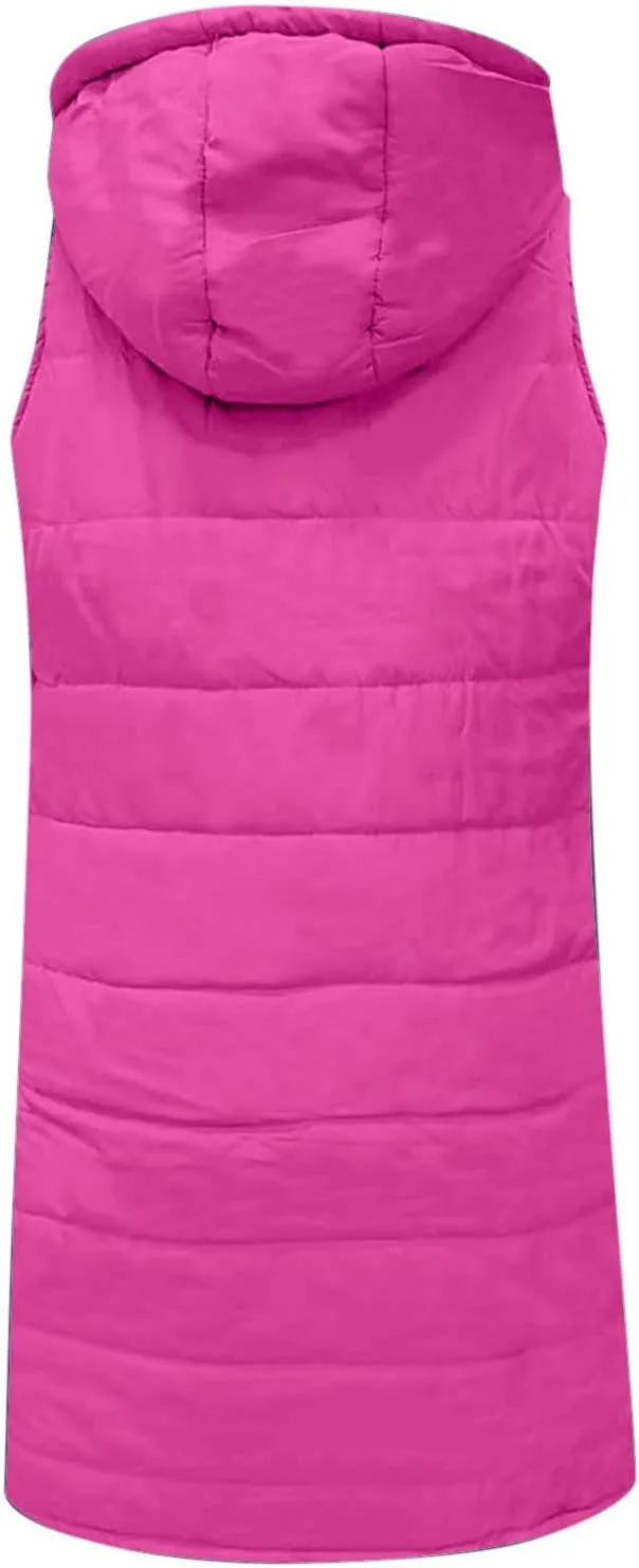 DDAPJ pyju Women's Long Puffer Vest Jacket Sleeveless Hoodies Zipper Side Quilted Coats Lightweight Padded Winter Down Coat
