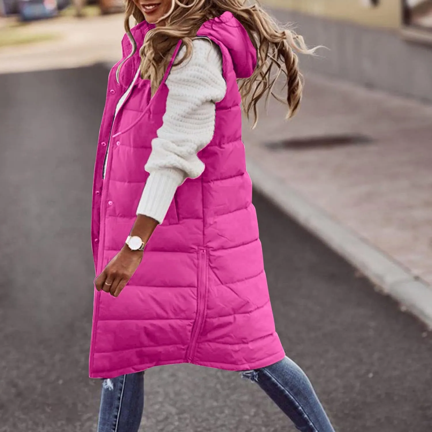 DDAPJ pyju Women's Long Puffer Vest Jacket Sleeveless Hoodies Zipper Side Quilted Coats Lightweight Padded Winter Down Coat