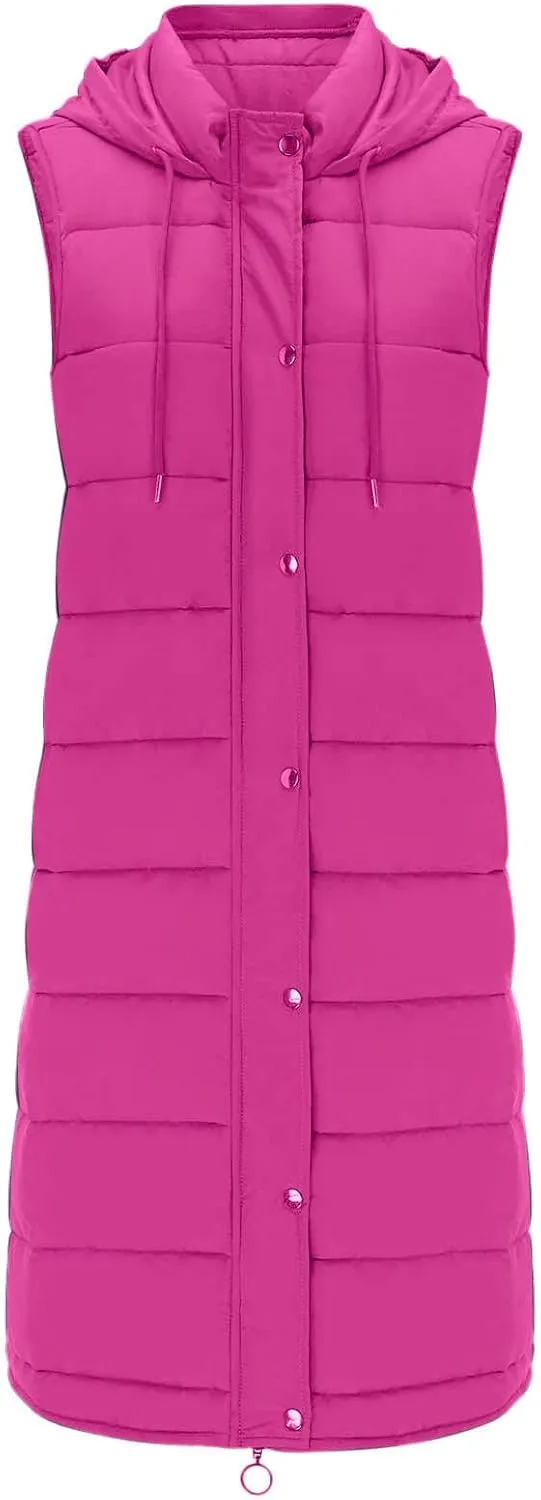 DDAPJ pyju Women's Long Puffer Vest Jacket Sleeveless Hoodies Zipper Side Quilted Coats Lightweight Padded Winter Down Coat