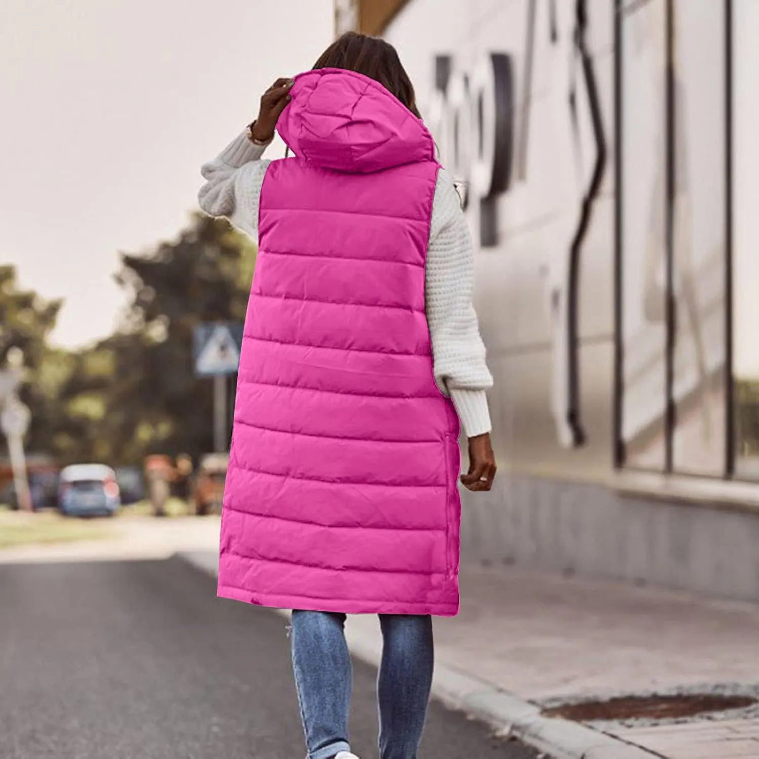 DDAPJ pyju Women's Long Puffer Vest Jacket Sleeveless Hoodies Zipper Side Quilted Coats Lightweight Padded Winter Down Coat
