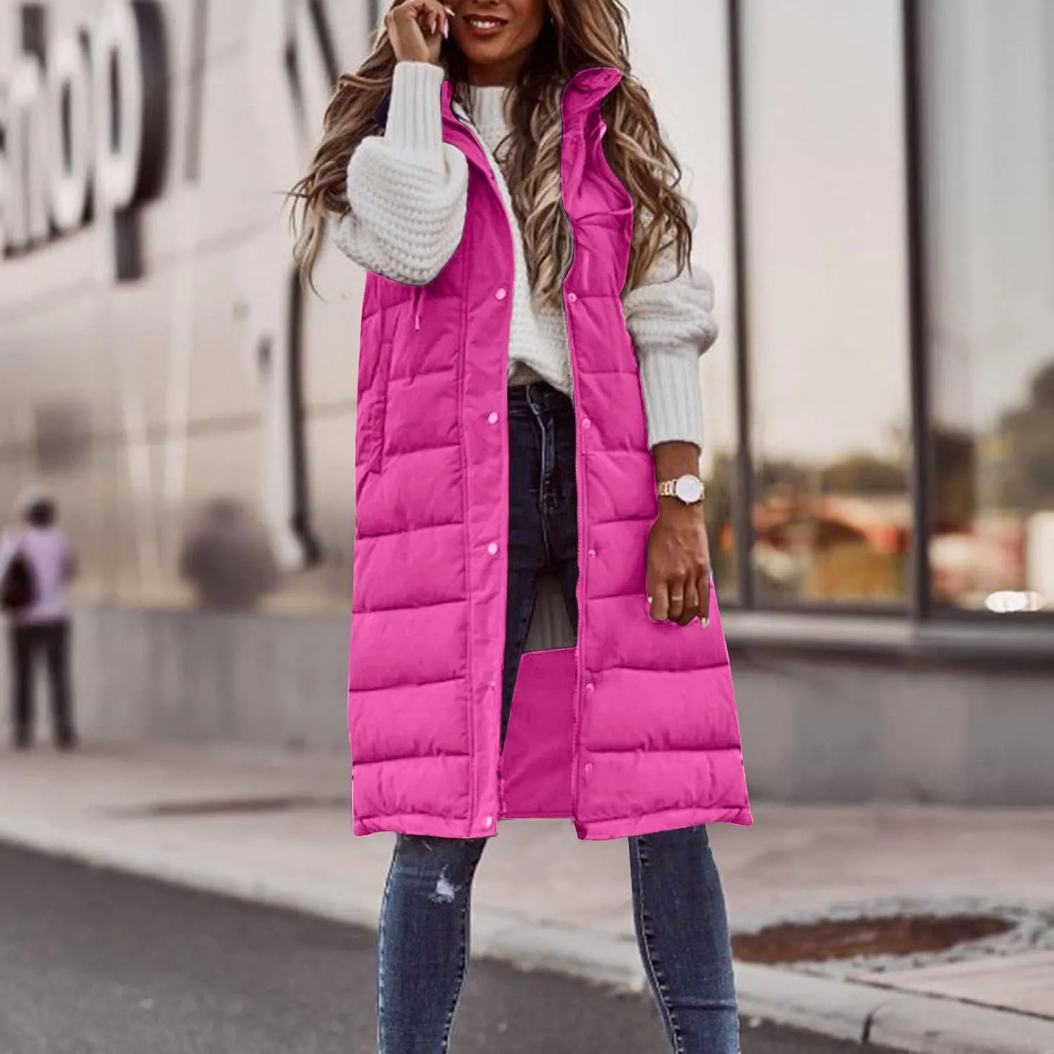 DDAPJ pyju Women's Long Puffer Vest Jacket Sleeveless Hoodies Zipper Side Quilted Coats Lightweight Padded Winter Down Coat