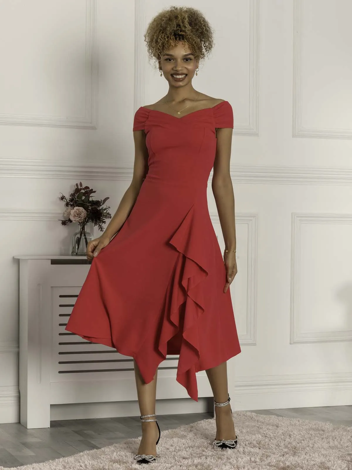 Desiree Frill Fit & Flare Dress, Cerise