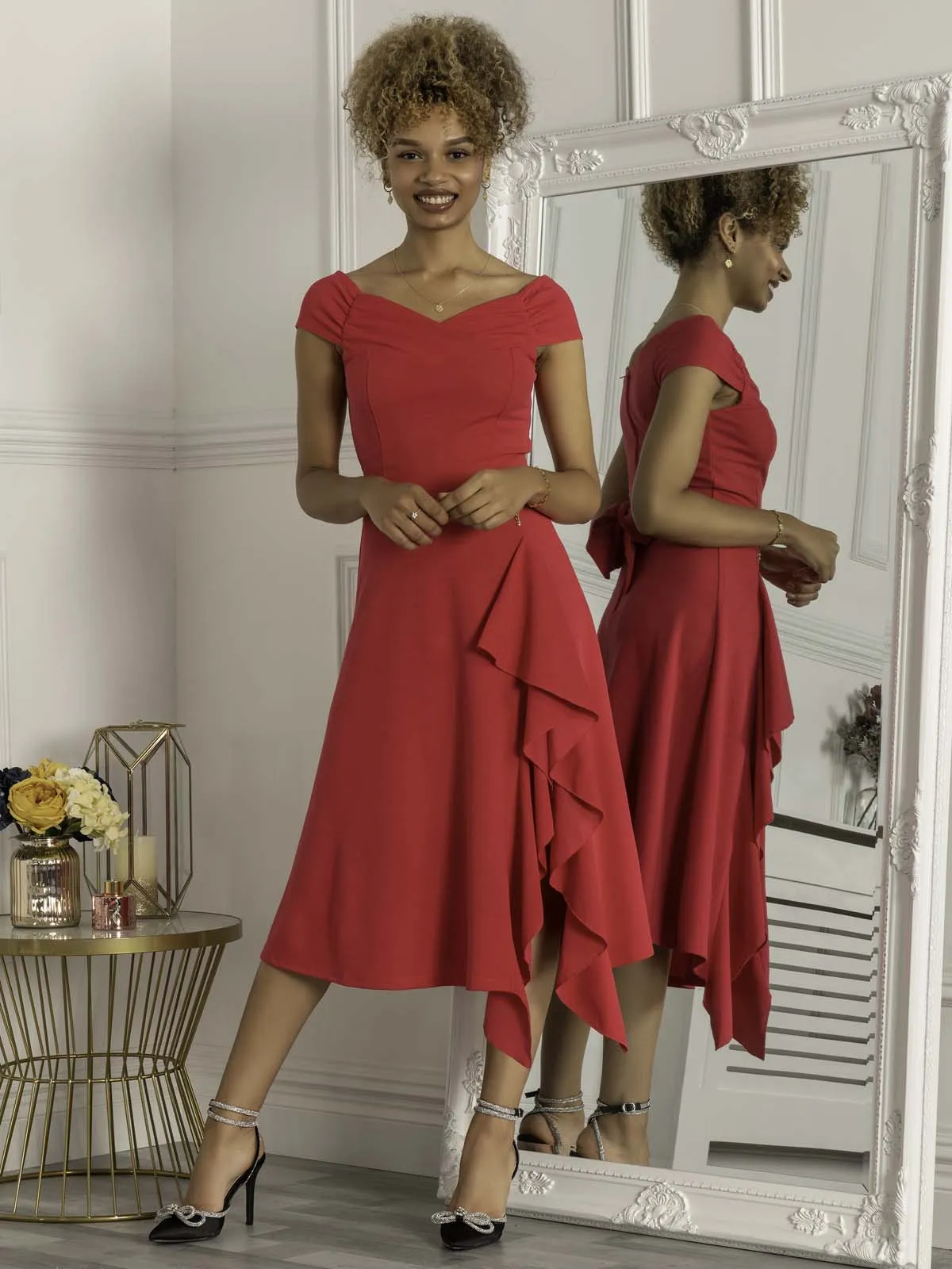 Desiree Frill Fit & Flare Dress, Cerise