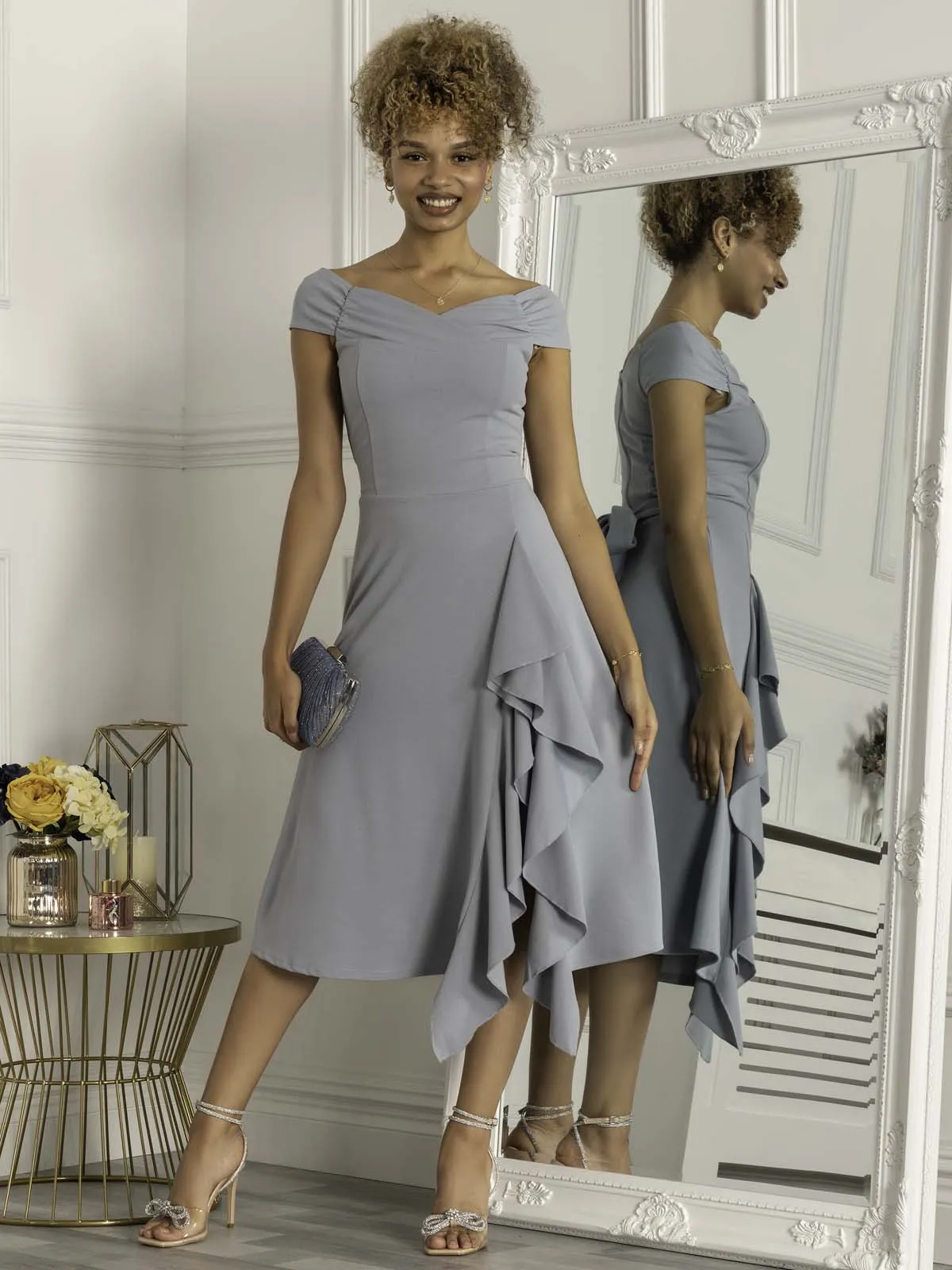 Desiree Frill Fit & Flare Dress, Steel Blue
