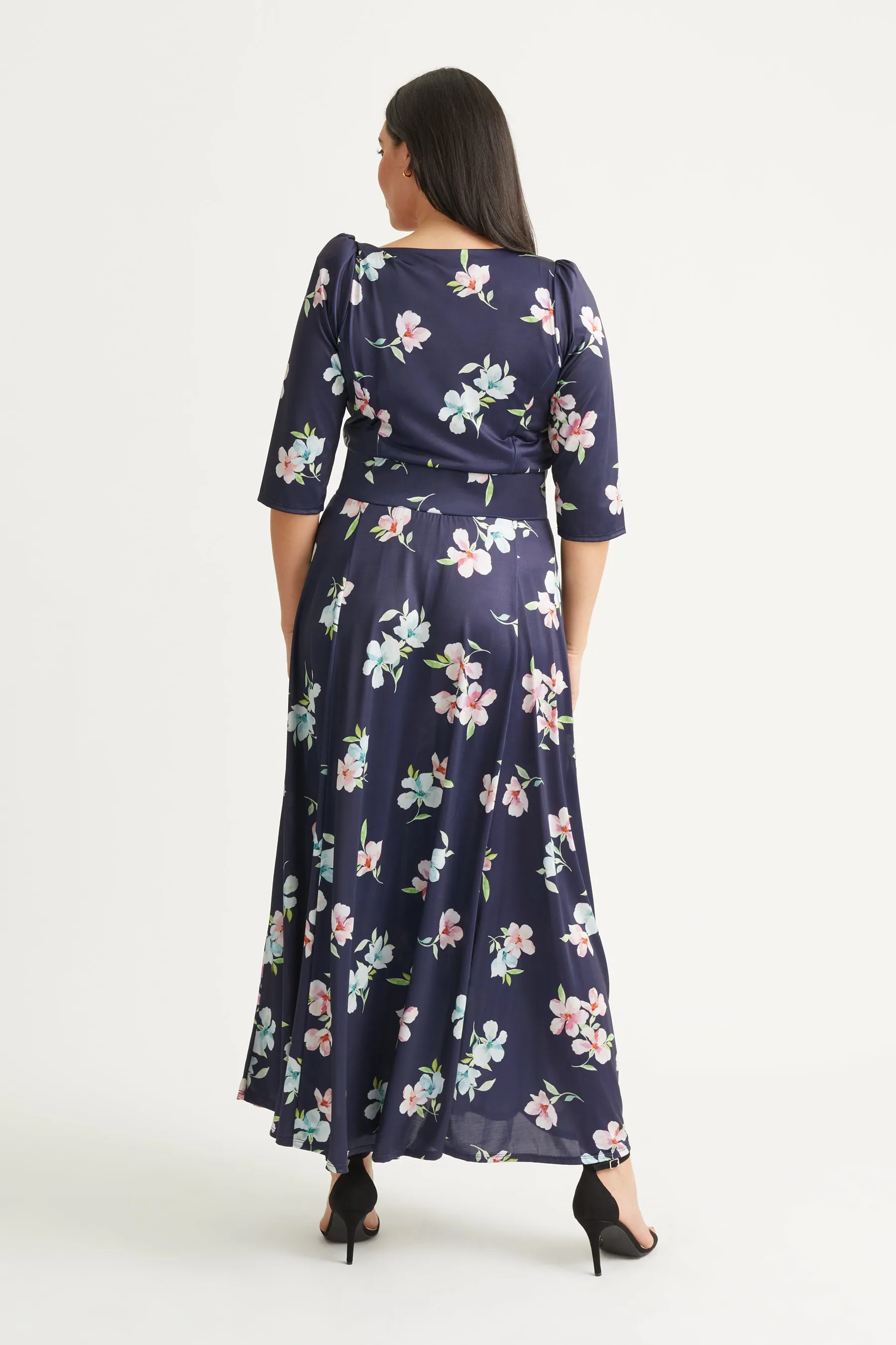 Elizabeth Navy Pink Blue Print Satin Maxi Gown