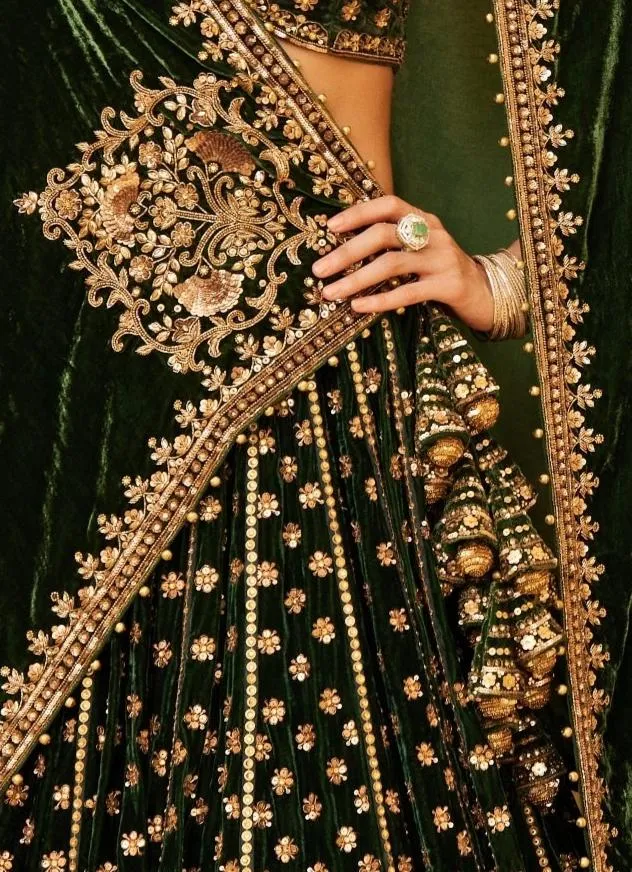Emerald Green Embroidered Velvet Lehenga
