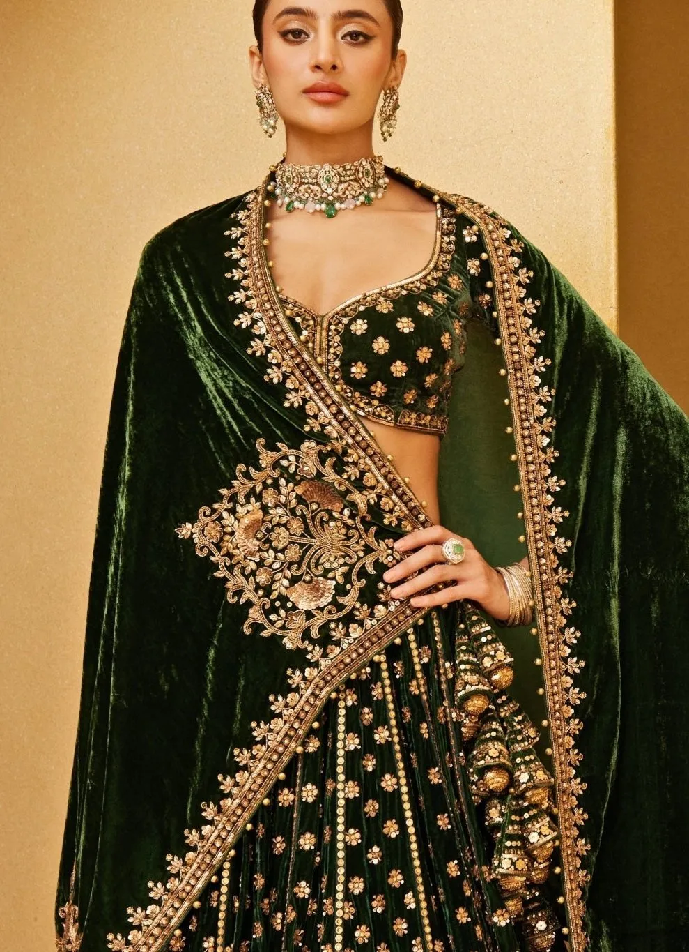 Emerald Green Embroidered Velvet Lehenga