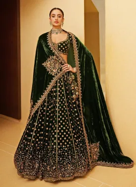 Emerald Green Embroidered Velvet Lehenga