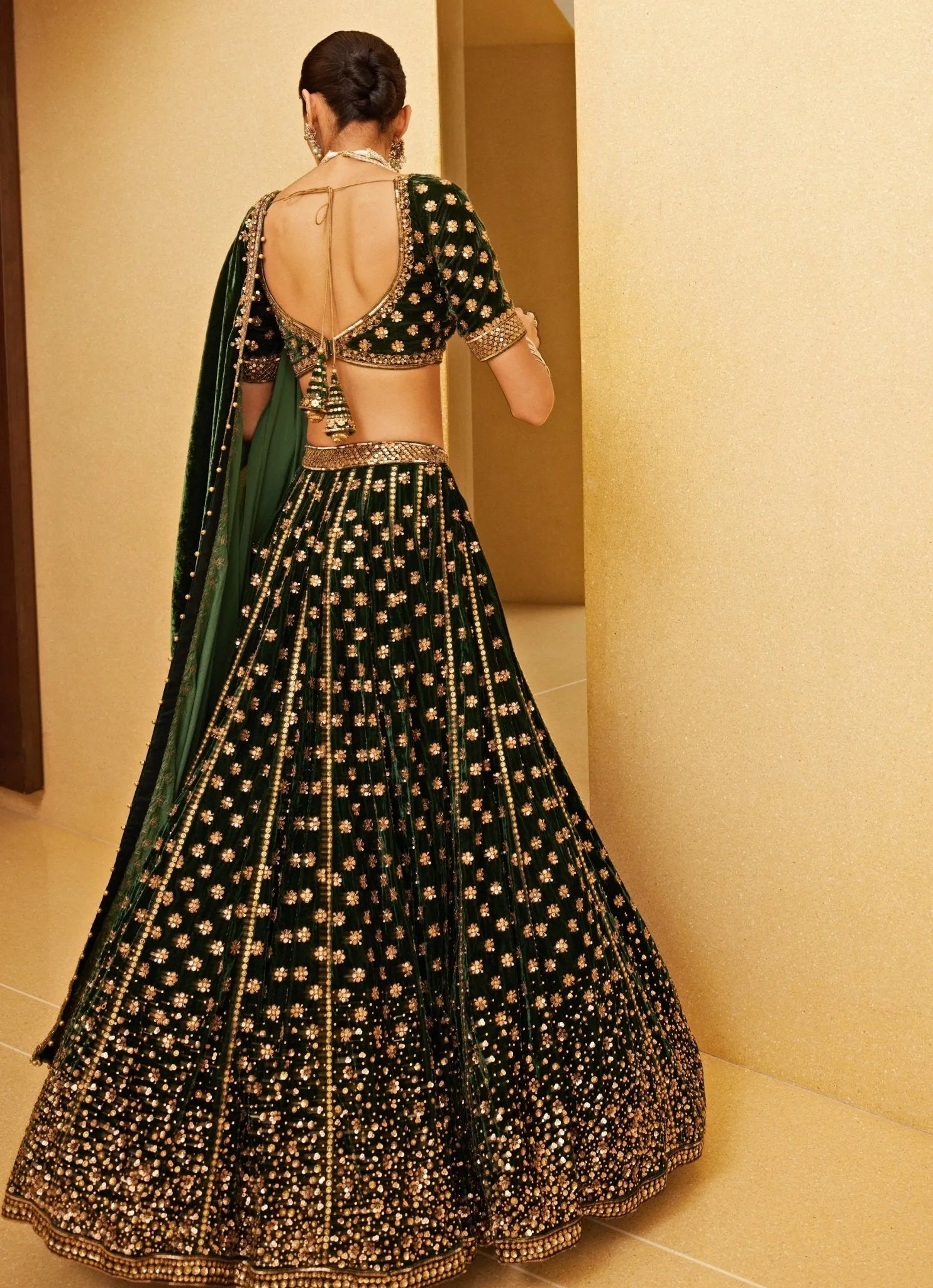 Emerald Green Embroidered Velvet Lehenga
