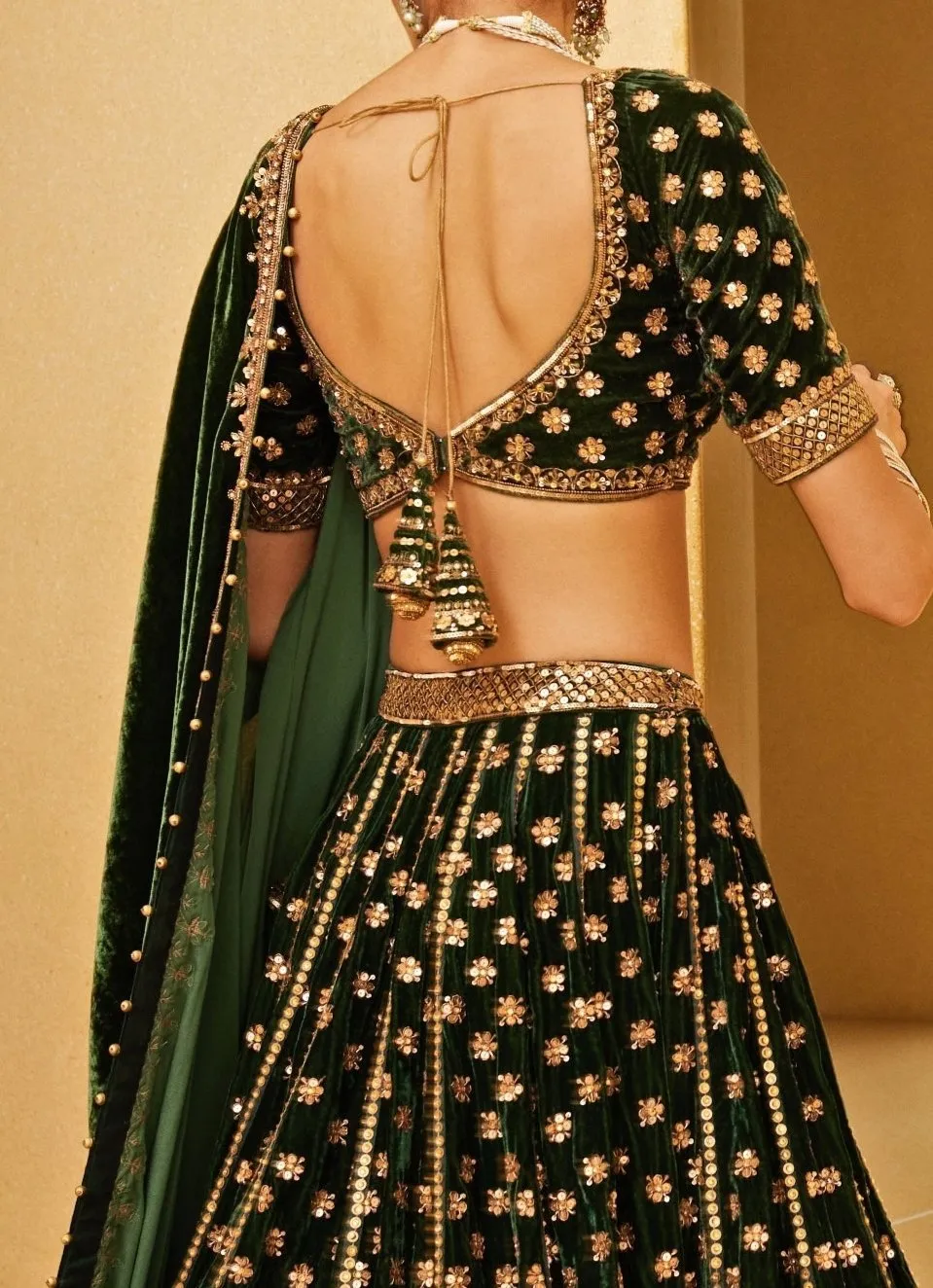 Emerald Green Embroidered Velvet Lehenga