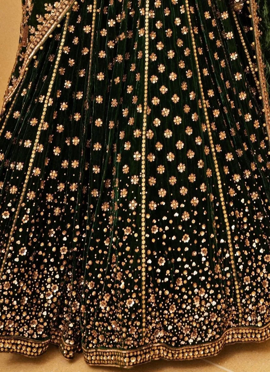 Emerald Green Embroidered Velvet Lehenga