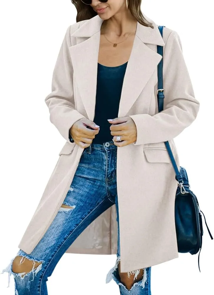 Fazortev Womens Long Sleeve Wool Blend Pea Coat Lapel Notched Collar Warm Midi Casual Jacket Overcoat