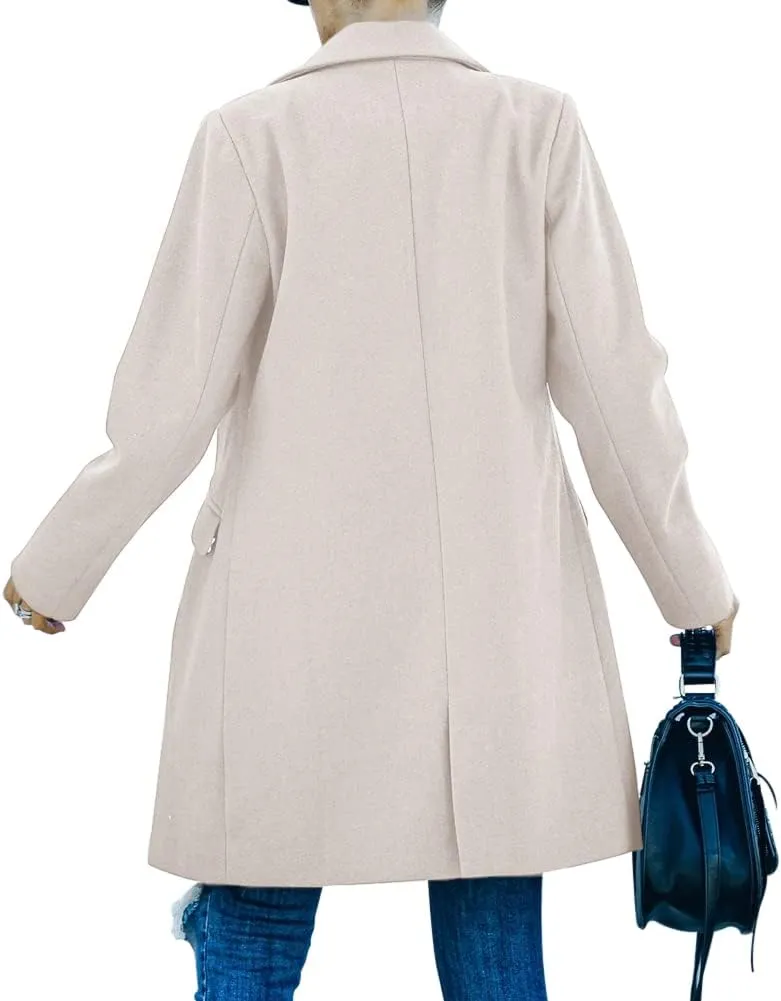 Fazortev Womens Long Sleeve Wool Blend Pea Coat Lapel Notched Collar Warm Midi Casual Jacket Overcoat