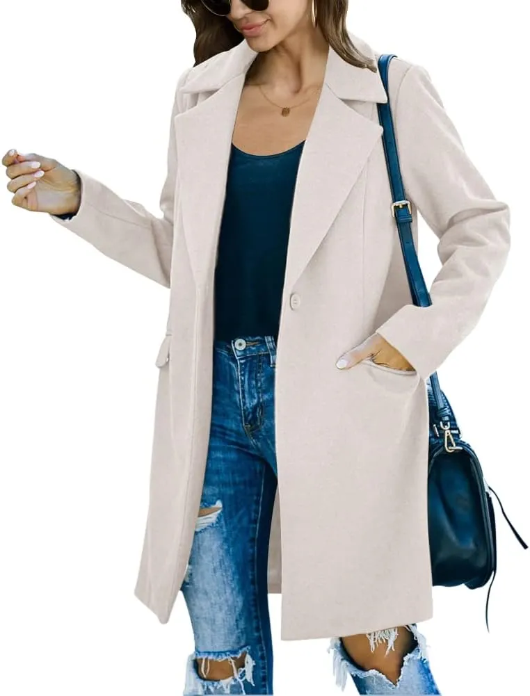 Fazortev Womens Long Sleeve Wool Blend Pea Coat Lapel Notched Collar Warm Midi Casual Jacket Overcoat