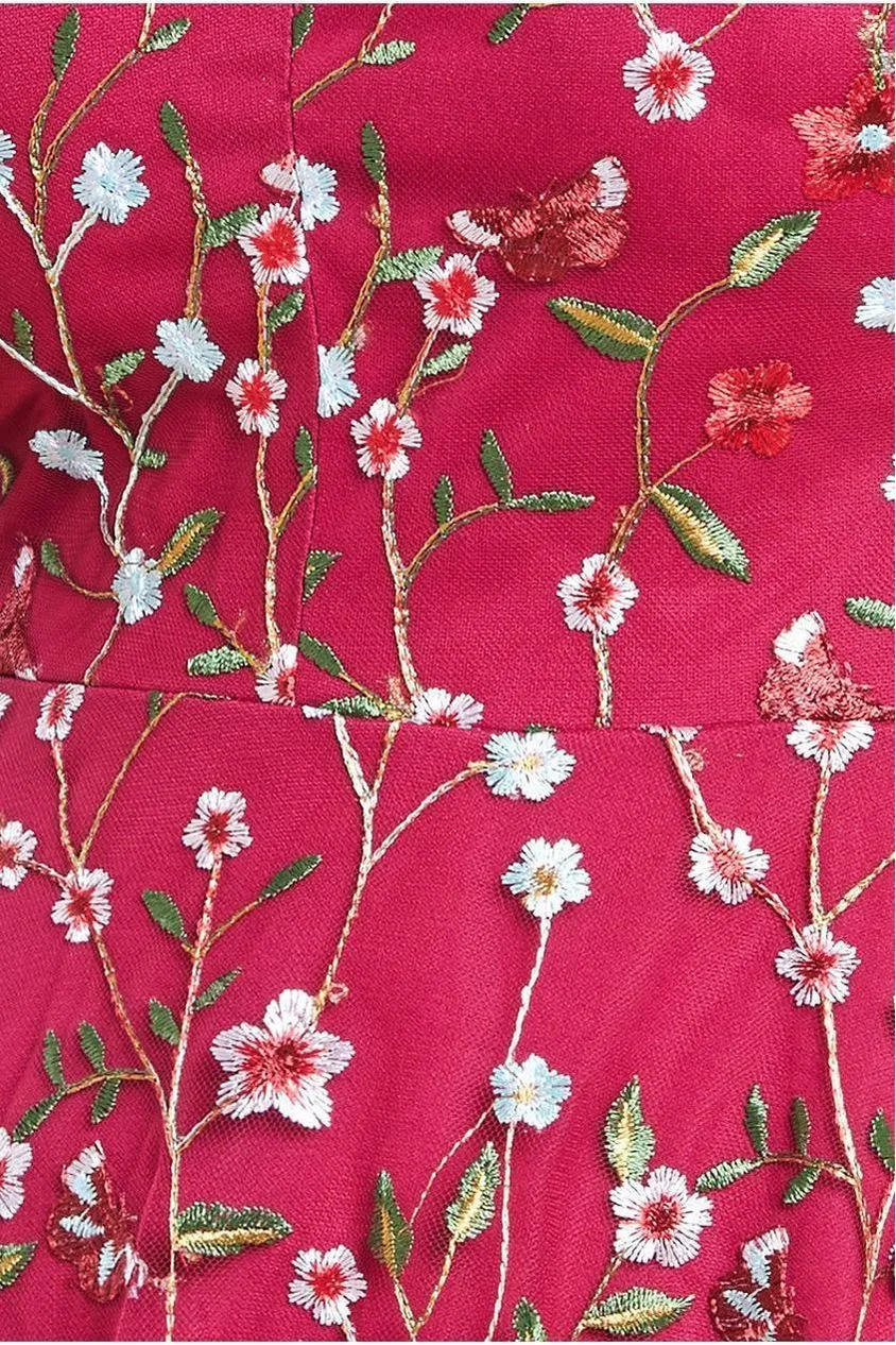 Flutter Sleeve Floral Embroidered Maxi - Burgundy by Goddiva