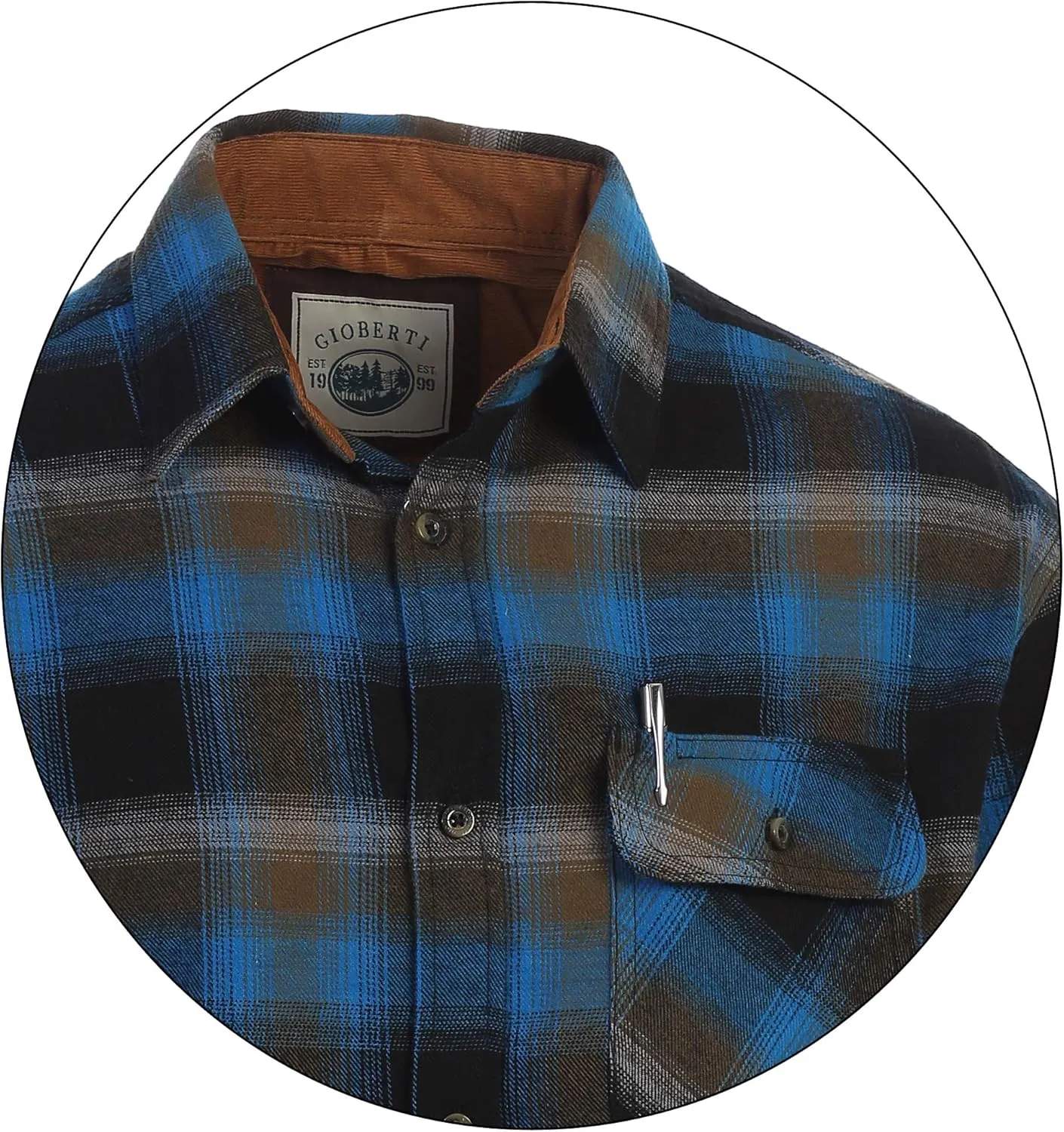 Gioberti Men's Brushed Flannel 100% Cotton Plaid Checkered Shirt with Corduroy Contrast