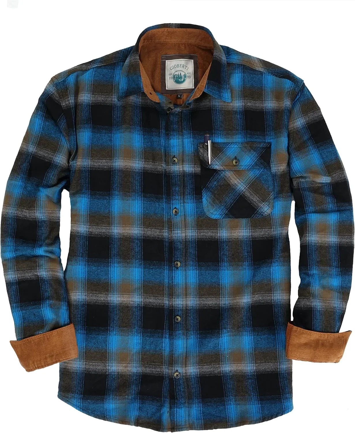 Gioberti Men's Brushed Flannel 100% Cotton Plaid Checkered Shirt with Corduroy Contrast