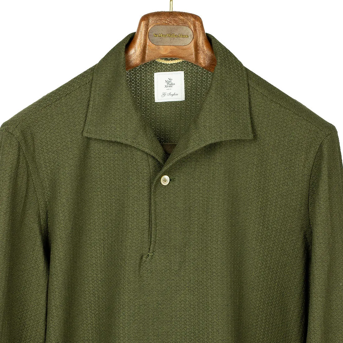 Green grenadine-knit cotton long-sleeve polo shirt, one-piece collar (restock)