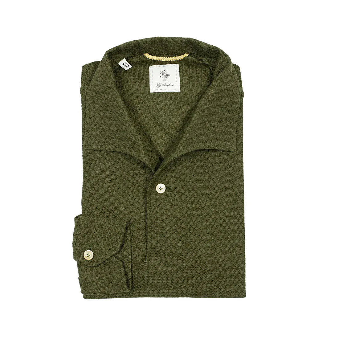 Green grenadine-knit cotton long-sleeve polo shirt, one-piece collar (restock)